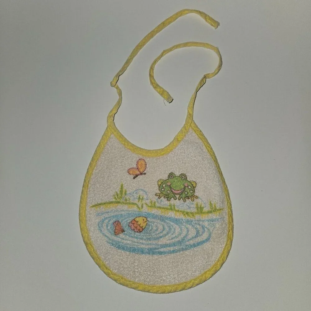 VTG Baby Bib Frog Butterfly Fish Water Yellow Trim